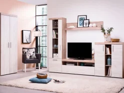 Pareti Attrezzate > Dmora Parete Attrezzata Bianco Larice Marrone Rovere Nodi Modulabile 14 Ripiani 262x35x195h cm, Cassetti - Oggiono Marrone Rovere nodi, Bianco Larice