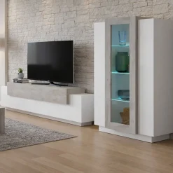 Parete Attrezzata Bianco Lucido Grigio Cemento Modulabile 7 Ripiani, 14 Vani Made in Italy - Maja
