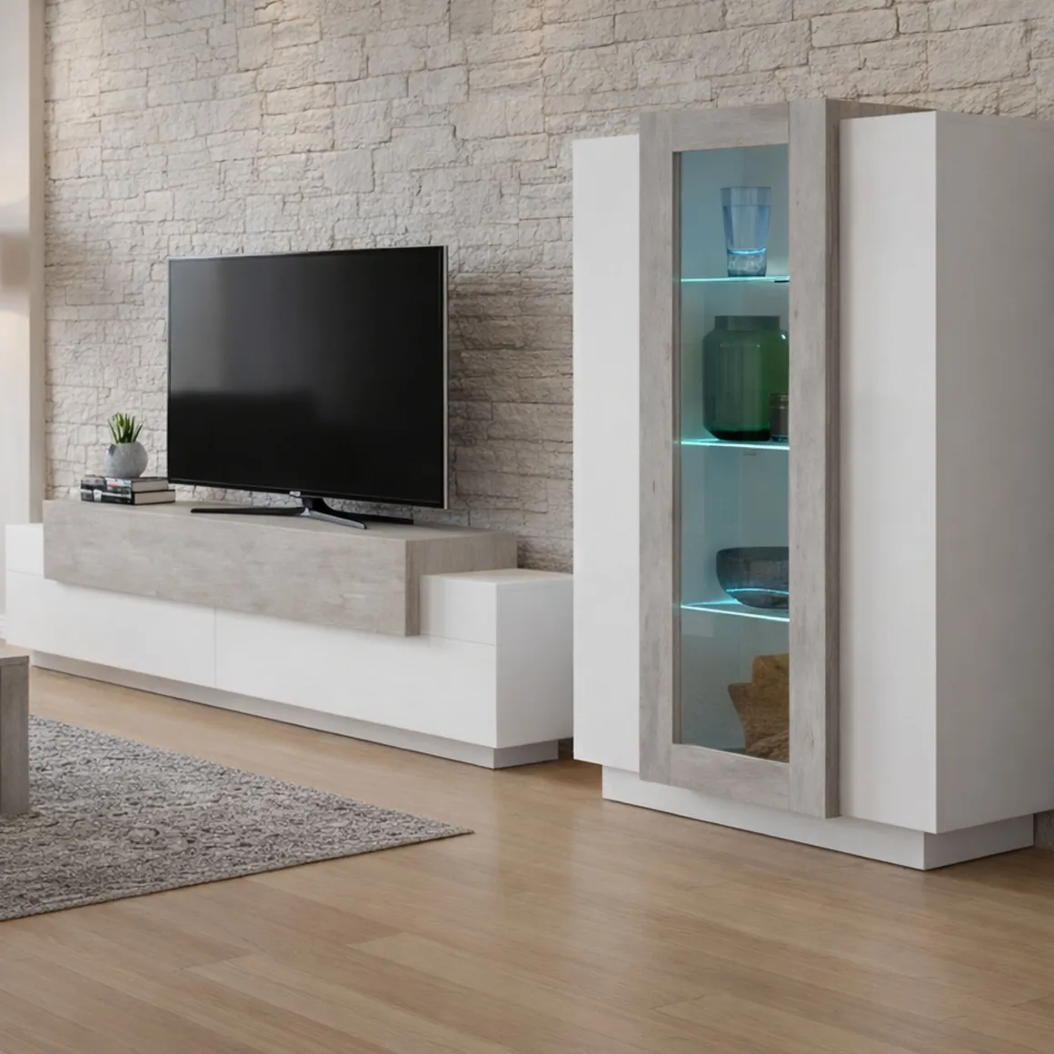 Parete Attrezzata Bianco Lucido Grigio Cemento Modulabile 7 Ripiani, 14 Vani Made in Italy - Maja
