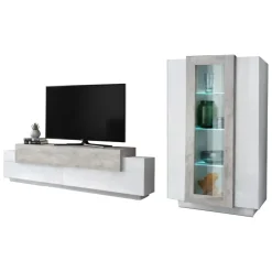 Parete Attrezzata Bianco Lucido Grigio Cemento Modulabile 7 Ripiani, 14 Vani Made in Italy - Maja