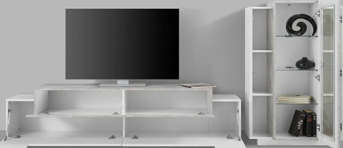 Parete Attrezzata Bianco Lucido Grigio Cemento Modulabile 7 Ripiani, 14 Vani Made in Italy - Maja