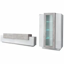 Parete Attrezzata Bianco Lucido Grigio Cemento Modulabile 7 Ripiani, 14 Vani Made in Italy - Maja