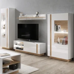 Parete Attrezzata Bianco Lucido Marrone Rovere Modulabile 8 Ripiani, 11 Vani - Kanazala