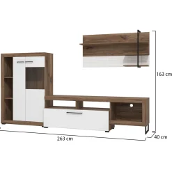 Pareti Attrezzate > Dmora Parete Attrezzata Bianco Marrone Rovere Grigio 10 Ripiani 3 Ante 266.5x41.5x186h cm, Ripiani in Vetro - Dongo Marrone, Bianco Rovere Grigio