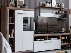 Pareti Attrezzate > Dmora Parete Attrezzata Bianco Marrone Rovere Grigio 10 Ripiani 3 Ante 266.5x41.5x186h cm, Ripiani in Vetro - Dongo Marrone, Bianco Rovere Grigio