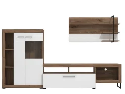 Pareti Attrezzate > Dmora Parete Attrezzata Bianco Marrone Rovere Grigio 10 Ripiani 3 Ante 266.5x41.5x186h cm, Ripiani in Vetro - Dongo Marrone, Bianco Rovere Grigio