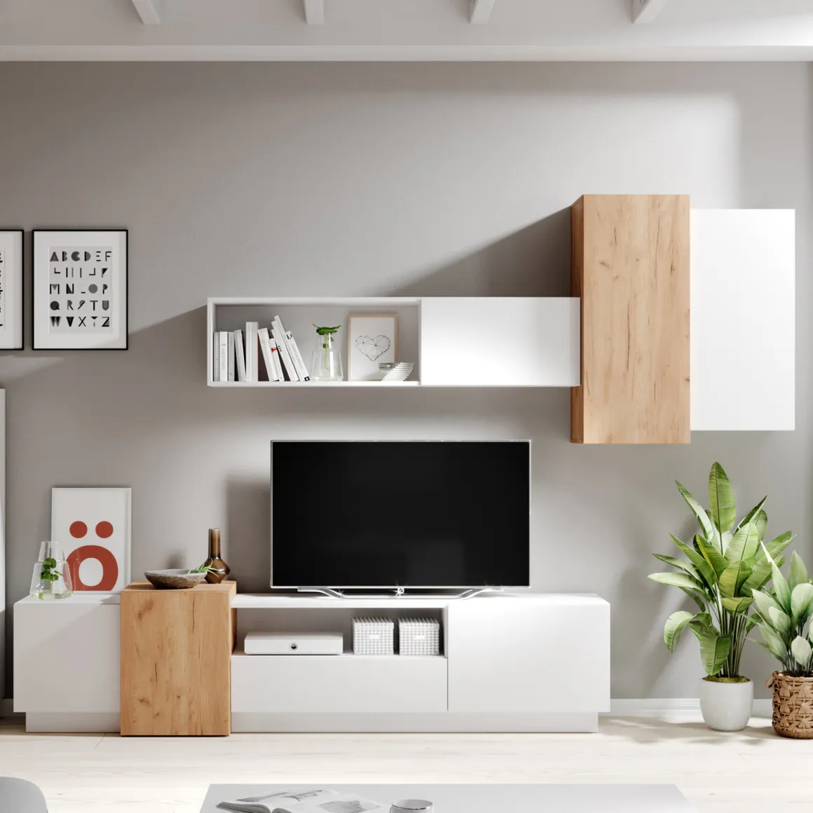 Parete Attrezzata Bianco Marrone Rovere Modulabile 8 Ripiani, 13 Vani - Kamolofa