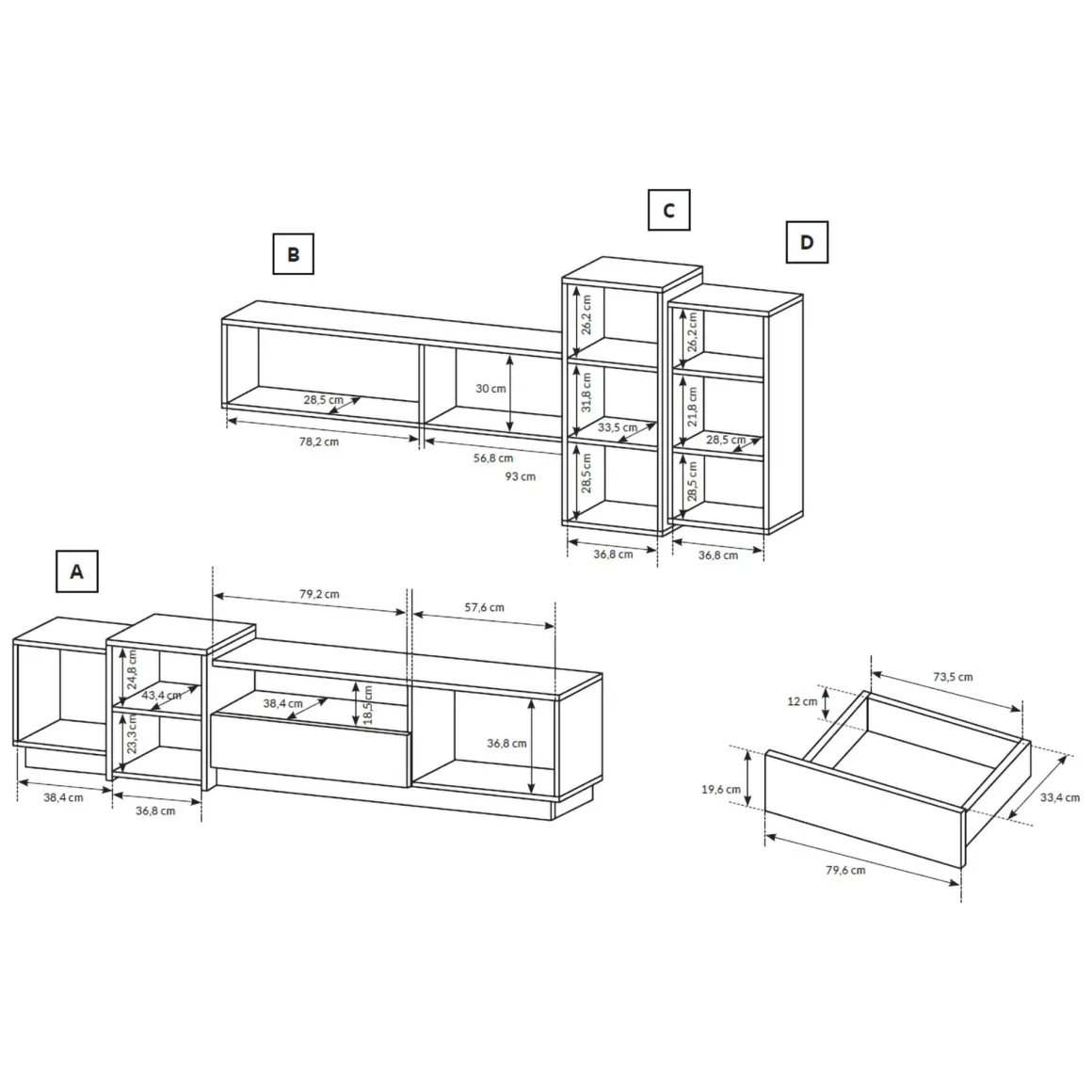 Parete Attrezzata Bianco Marrone Rovere Modulabile 8 Ripiani, 13 Vani - Kamolofa