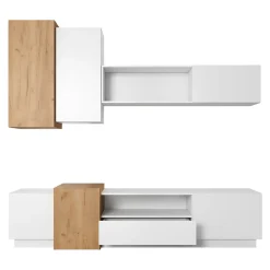 Parete Attrezzata Bianco Marrone Rovere Modulabile 8 Ripiani, 13 Vani - Kamolofa