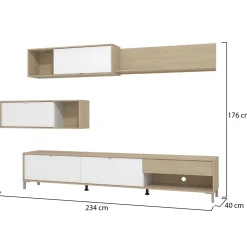Pareti Attrezzate > Dmora Parete Attrezzata Bianco Opaco Marrone Rovere 7 Ripiani un Cassetto 234x40x176h cm, Modulabile - Elice Marrone Rovere, Bianco Opaco