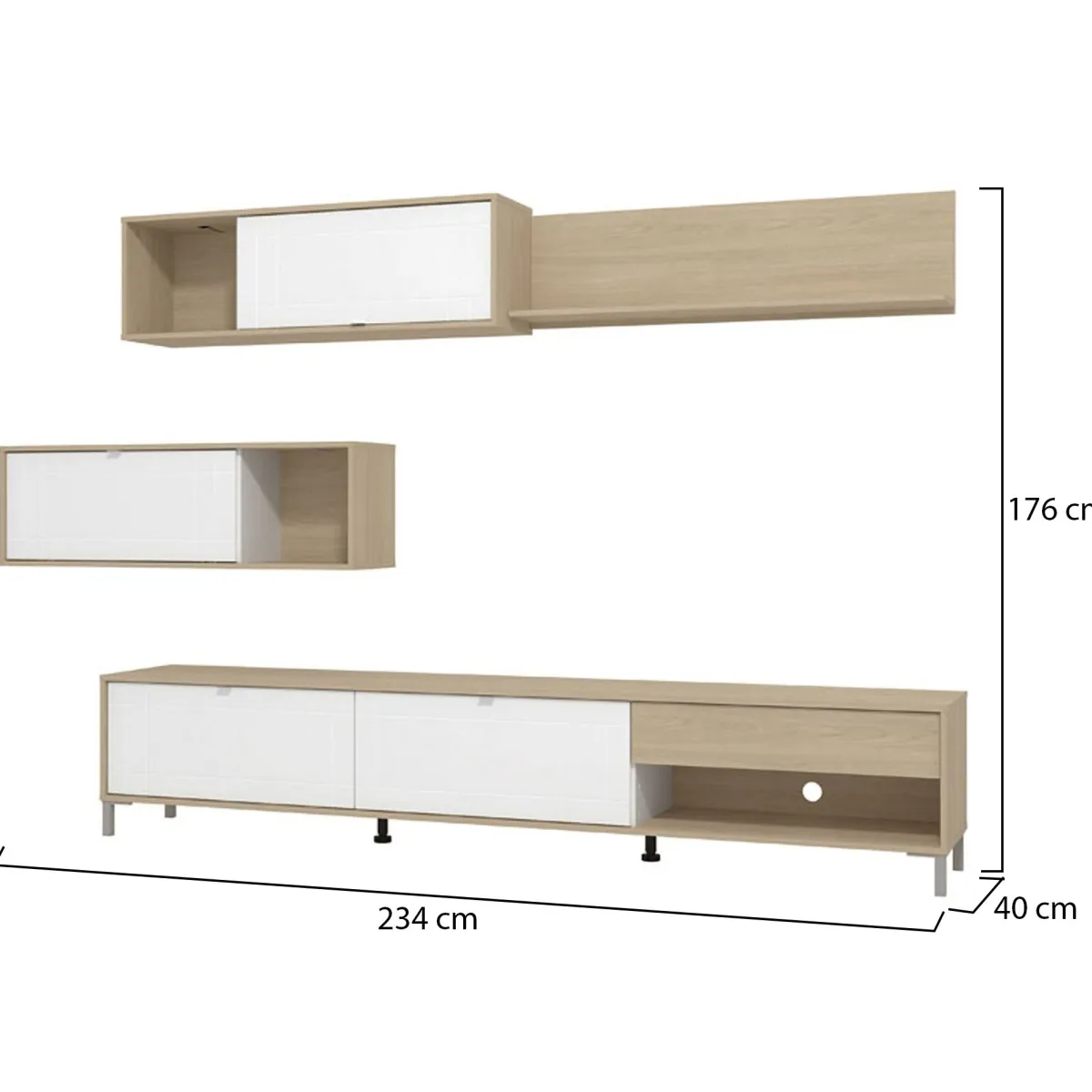 Pareti Attrezzate > Dmora Parete Attrezzata Bianco Opaco Marrone Rovere 7 Ripiani un Cassetto 234x40x176h cm, Modulabile - Elice Marrone Rovere, Bianco Opaco