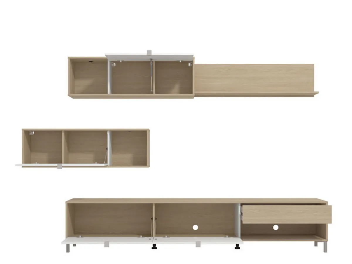 Pareti Attrezzate > Dmora Parete Attrezzata Bianco Opaco Marrone Rovere 7 Ripiani un Cassetto 234x40x176h cm, Modulabile - Elice Marrone Rovere, Bianco Opaco