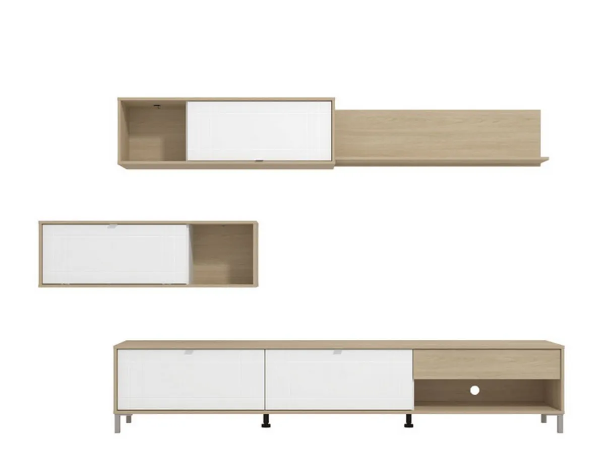 Pareti Attrezzate > Dmora Parete Attrezzata Bianco Opaco Marrone Rovere 7 Ripiani un Cassetto 234x40x176h cm, Modulabile - Elice Marrone Rovere, Bianco Opaco