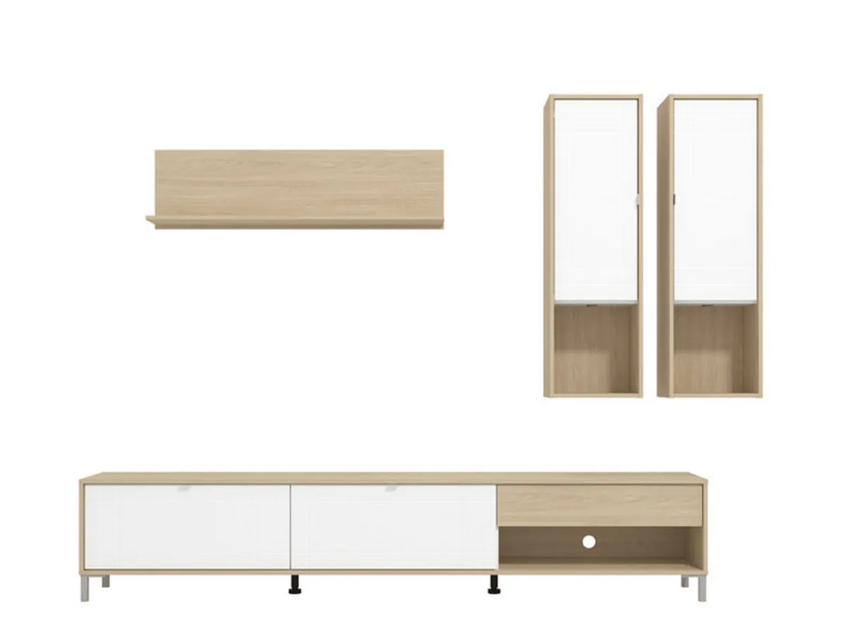 Pareti Attrezzate > Dmora Parete Attrezzata Bianco Opaco Marrone Rovere 7 Ripiani un Cassetto 234x40x176h cm, Modulabile - Elice Marrone Rovere, Bianco Opaco