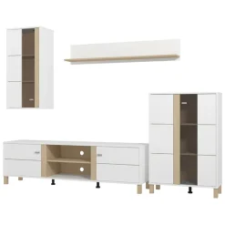Parete Attrezzata Bianco Opaco Marrone Rovere Modulabile 7 Ripiani 260x40x183h cm, 10 Vani - Albese