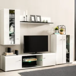 Parete Attrezzata Bianco Opaco Nero Modulabile 7 Ripiani 264x41.5x182h cm, 4 Ante - Ozzero