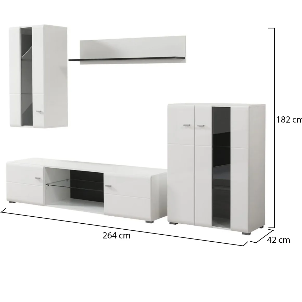 Parete Attrezzata Bianco Opaco Nero Modulabile 7 Ripiani 264x41.5x182h cm, 4 Ante - Ozzero