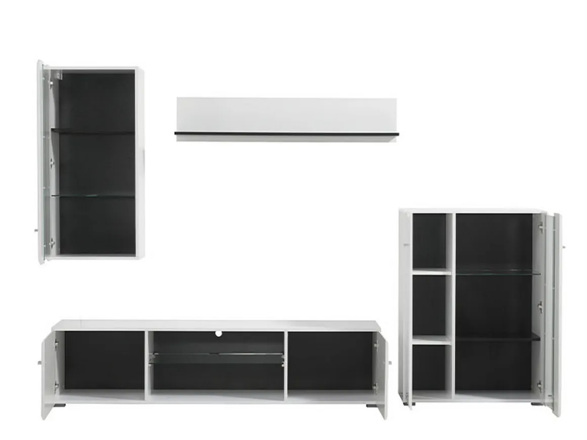 Parete Attrezzata Bianco Opaco Nero Modulabile 7 Ripiani 264x41.5x182h cm, 4 Ante - Ozzero
