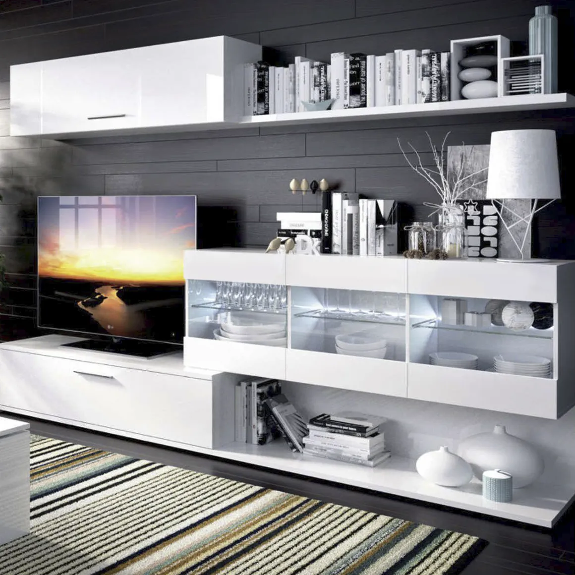 Parete attrezzata Chionodoxa, 260x41h84 cm, Bianco lucido
