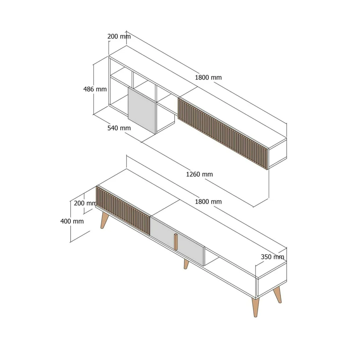 Salotto|Pareti Attrezzate > Dmora Parete attrezzata design 180cm noce e antracite - Ostro Nero Antracite, Marrone Noce