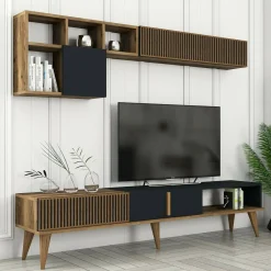 Salotto|Pareti Attrezzate > Dmora Parete attrezzata design 180cm noce e antracite - Ostro Nero Antracite, Marrone Noce