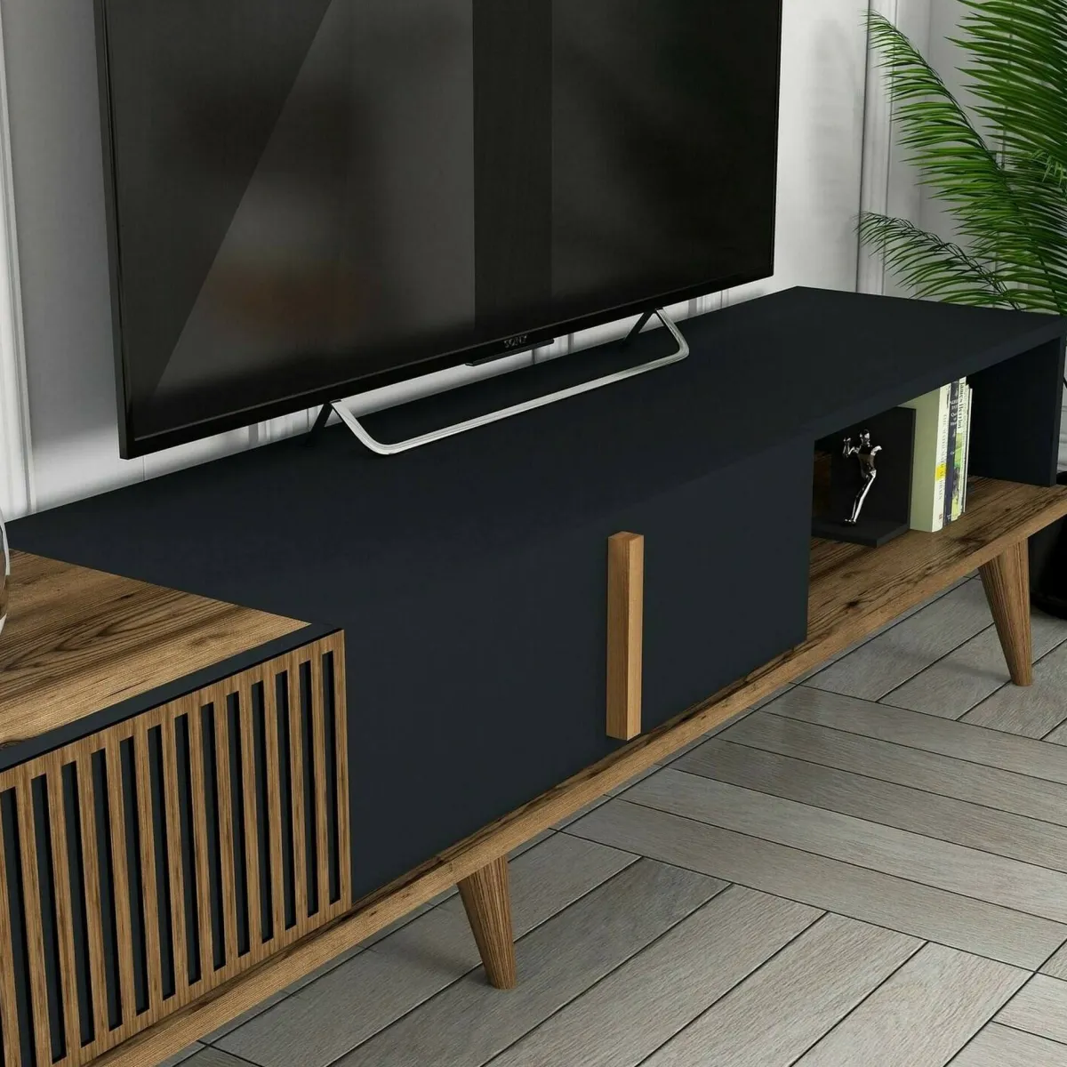Salotto|Pareti Attrezzate > Dmora Parete attrezzata design 180cm noce e antracite - Ostro Nero Antracite, Marrone Noce