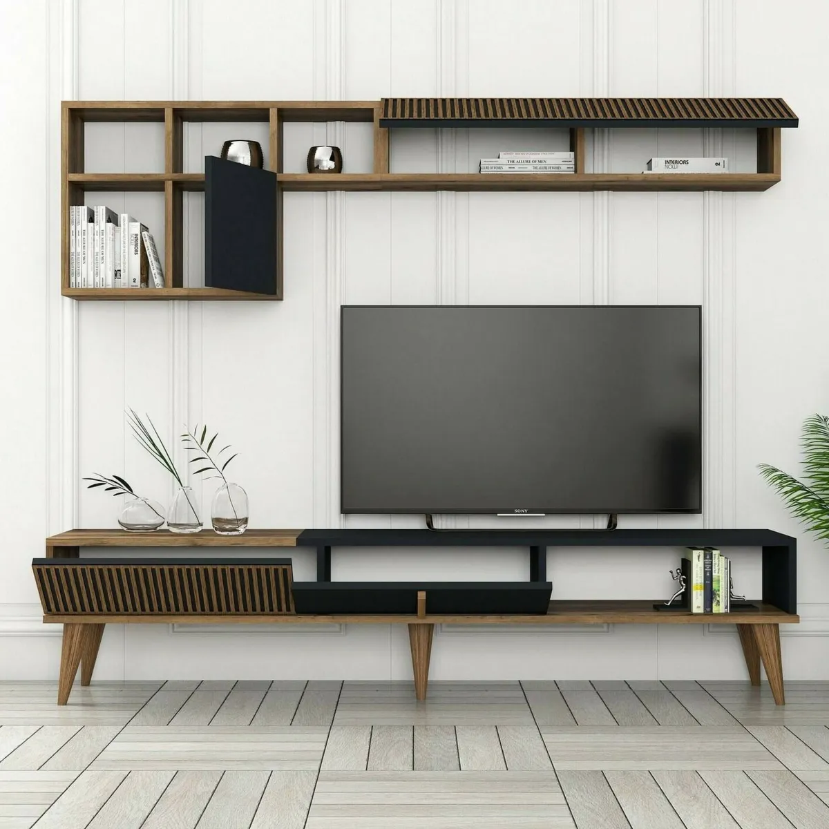 Salotto|Pareti Attrezzate > Dmora Parete attrezzata design 180cm noce e antracite - Ostro Nero Antracite, Marrone Noce