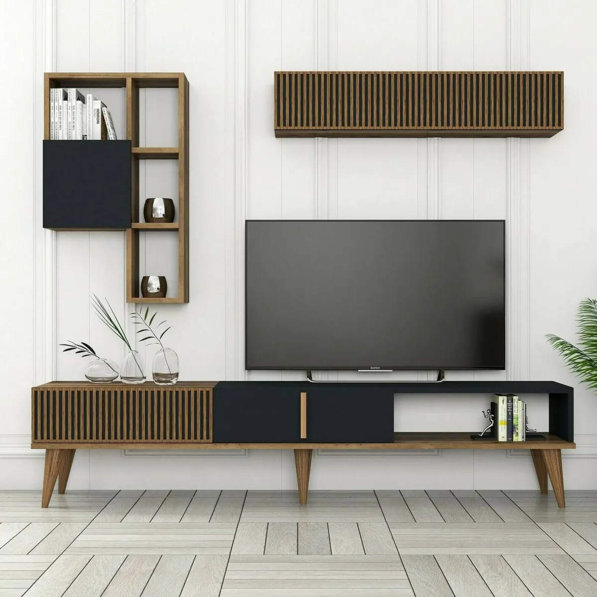Salotto|Pareti Attrezzate > Dmora Parete attrezzata design 180cm noce e antracite - Ostro Nero Antracite, Marrone Noce