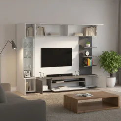 Pareti Attrezzate > Dmora Parete Attrezzata Grigio Ardesia Bianco Lucido 8 Ripiani 5 Ante 245x40x191.2h cm, Apertura Battente - Galatina Bianco Lucido, Grigio Ardesia
