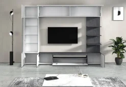 Pareti Attrezzate > Dmora Parete Attrezzata Grigio Ardesia Bianco Lucido 8 Ripiani 5 Ante 245x40x191.2h cm, Apertura Battente - Galatina Bianco Lucido, Grigio Ardesia