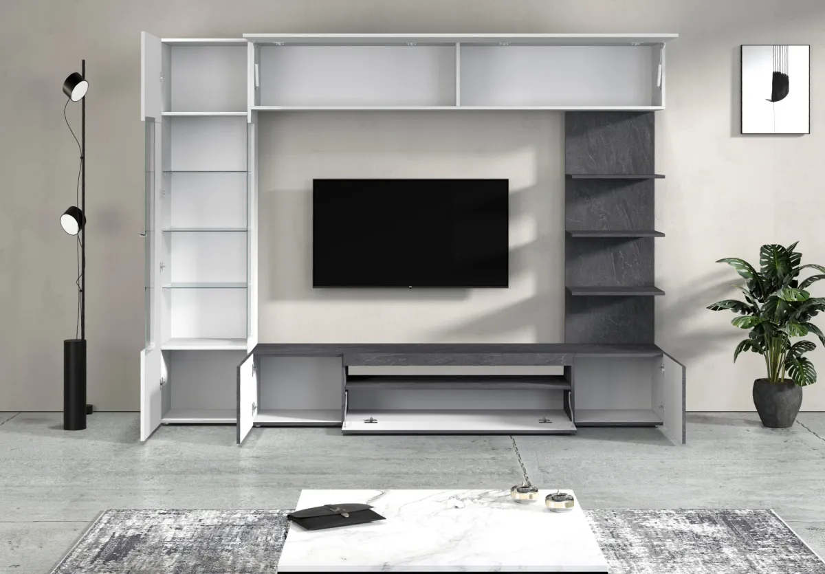 Pareti Attrezzate > Dmora Parete Attrezzata Grigio Ardesia Bianco Lucido 8 Ripiani 5 Ante 245x40x191.2h cm, Apertura Battente - Galatina Bianco Lucido, Grigio Ardesia