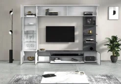 Pareti Attrezzate > Dmora Parete Attrezzata Grigio Ardesia Bianco Lucido 8 Ripiani 5 Ante 245x40x191.2h cm, Apertura Battente - Galatina Bianco Lucido, Grigio Ardesia