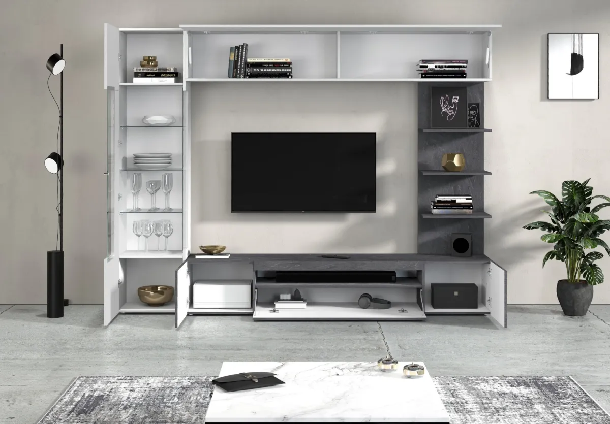 Pareti Attrezzate > Dmora Parete Attrezzata Grigio Ardesia Bianco Lucido 8 Ripiani 5 Ante 245x40x191.2h cm, Apertura Battente - Galatina Bianco Lucido, Grigio Ardesia