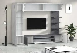 Pareti Attrezzate > Dmora Parete Attrezzata Grigio Ardesia Bianco Lucido 8 Ripiani 5 Ante 245x40x191.2h cm, Apertura Battente - Galatina Bianco Lucido, Grigio Ardesia