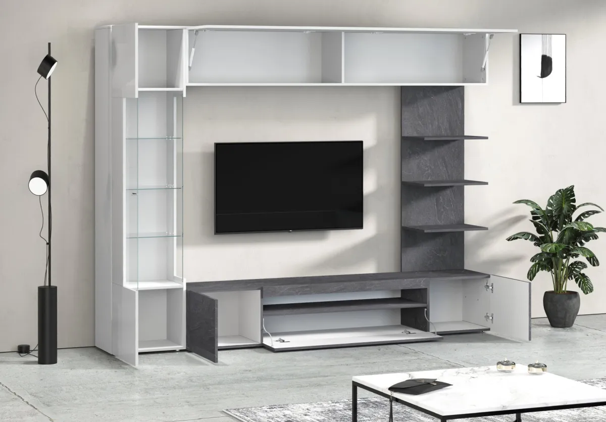 Pareti Attrezzate > Dmora Parete Attrezzata Grigio Ardesia Bianco Lucido 8 Ripiani 5 Ante 245x40x191.2h cm, Apertura Battente - Galatina Bianco Lucido, Grigio Ardesia