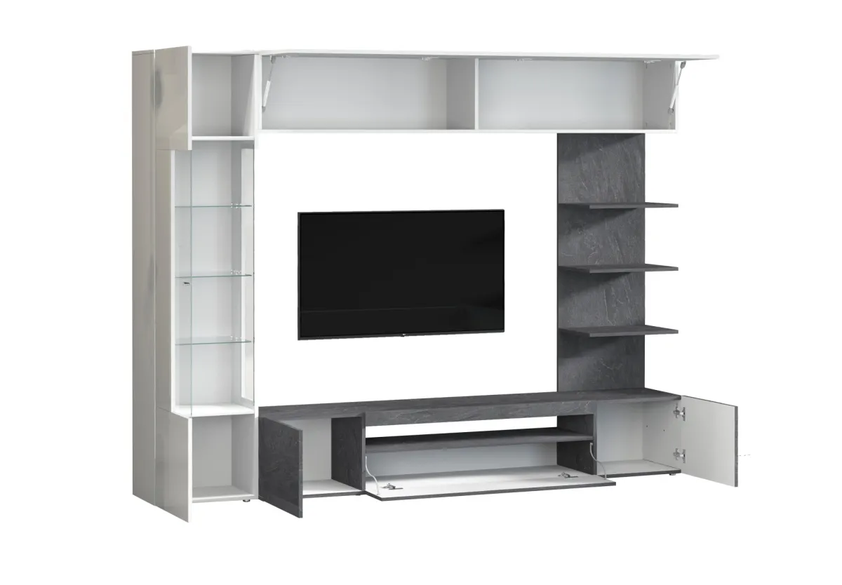 Pareti Attrezzate > Dmora Parete Attrezzata Grigio Ardesia Bianco Lucido 8 Ripiani 5 Ante 245x40x191.2h cm, Apertura Battente - Galatina Bianco Lucido, Grigio Ardesia