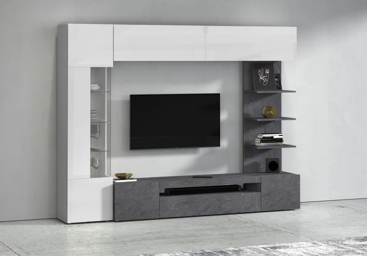 Pareti Attrezzate > Dmora Parete Attrezzata Grigio Ardesia Bianco Lucido 8 Ripiani 5 Ante 245x40x191.2h cm, Apertura Battente - Galatina Bianco Lucido, Grigio Ardesia