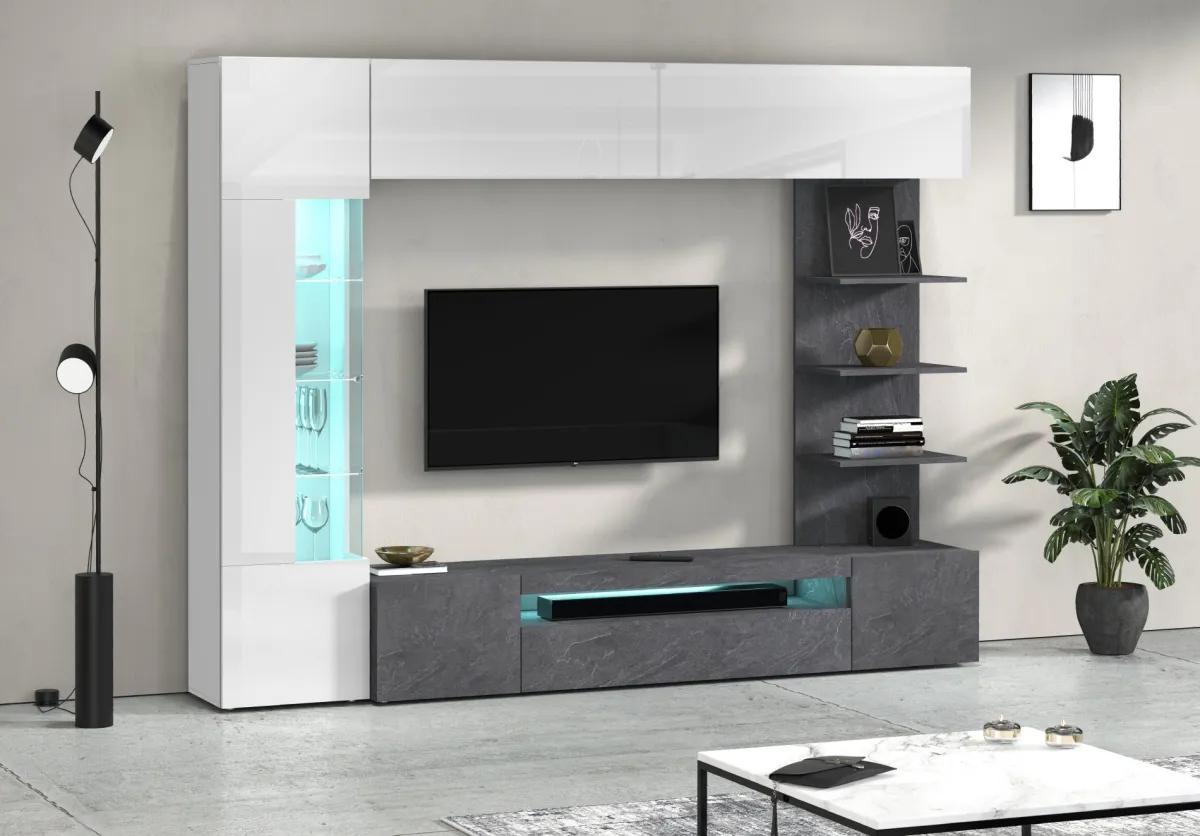 Pareti Attrezzate > Dmora Parete Attrezzata Grigio Ardesia Bianco Lucido 8 Ripiani 5 Ante 245x40x191.2h cm, Apertura Battente - Galatina Bianco Lucido, Grigio Ardesia