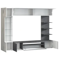 Pareti Attrezzate > Dmora Parete Attrezzata Grigio Ardesia Bianco Lucido 8 Ripiani 5 Ante 245x40x191.2h cm, Apertura Battente - Galatina Bianco Lucido, Grigio Ardesia