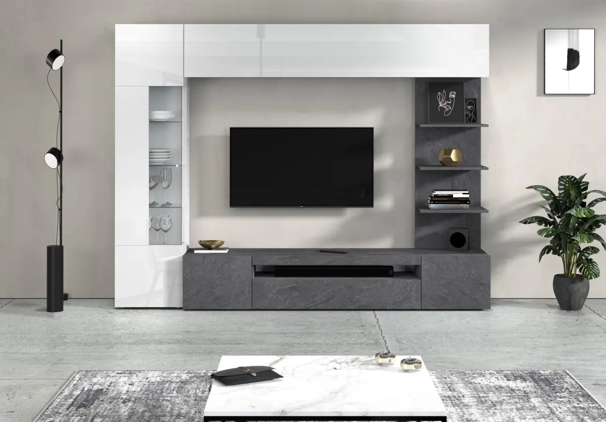 Pareti Attrezzate > Dmora Parete Attrezzata Grigio Ardesia Bianco Lucido 8 Ripiani 5 Ante 245x40x191.2h cm, Apertura Battente - Galatina Bianco Lucido, Grigio Ardesia