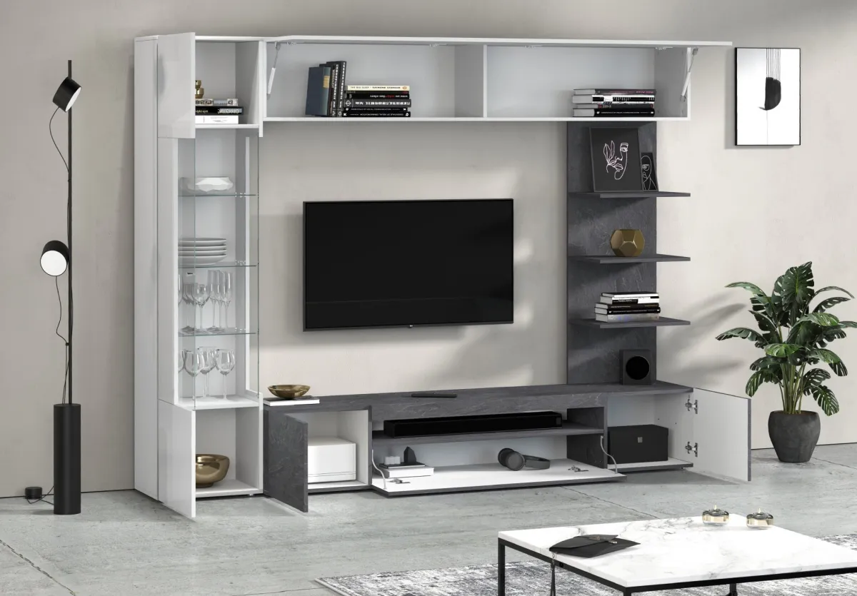 Pareti Attrezzate > Dmora Parete Attrezzata Grigio Ardesia Bianco Lucido 8 Ripiani 5 Ante 245x40x191.2h cm, Apertura Battente - Galatina Bianco Lucido, Grigio Ardesia