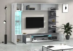 Pareti Attrezzate > Dmora Parete Attrezzata Grigio Ardesia Bianco Lucido 8 Ripiani 5 Ante 245x40x191.2h cm, Apertura Battente - Galatina Bianco Lucido, Grigio Ardesia
