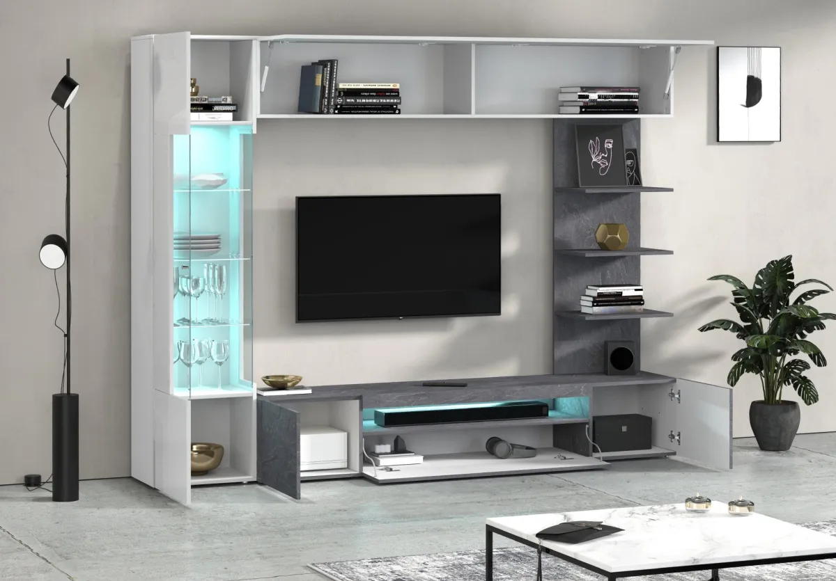 Pareti Attrezzate > Dmora Parete Attrezzata Grigio Ardesia Bianco Lucido 8 Ripiani 5 Ante 245x40x191.2h cm, Apertura Battente - Galatina Bianco Lucido, Grigio Ardesia