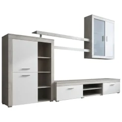 Pareti Attrezzate > Dmora Parete Attrezzata Grigio Cemento Bianco 7 Ripiani Cassetti 216x30.4x158.6h cm, - Sadali Bianco, Grigio Cemento