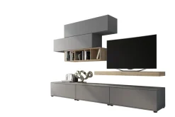 Parete Attrezzata Grigio Marrone Rovere Modulabile Apertura Battente, a Ribalta, 5 Ante - Mammola