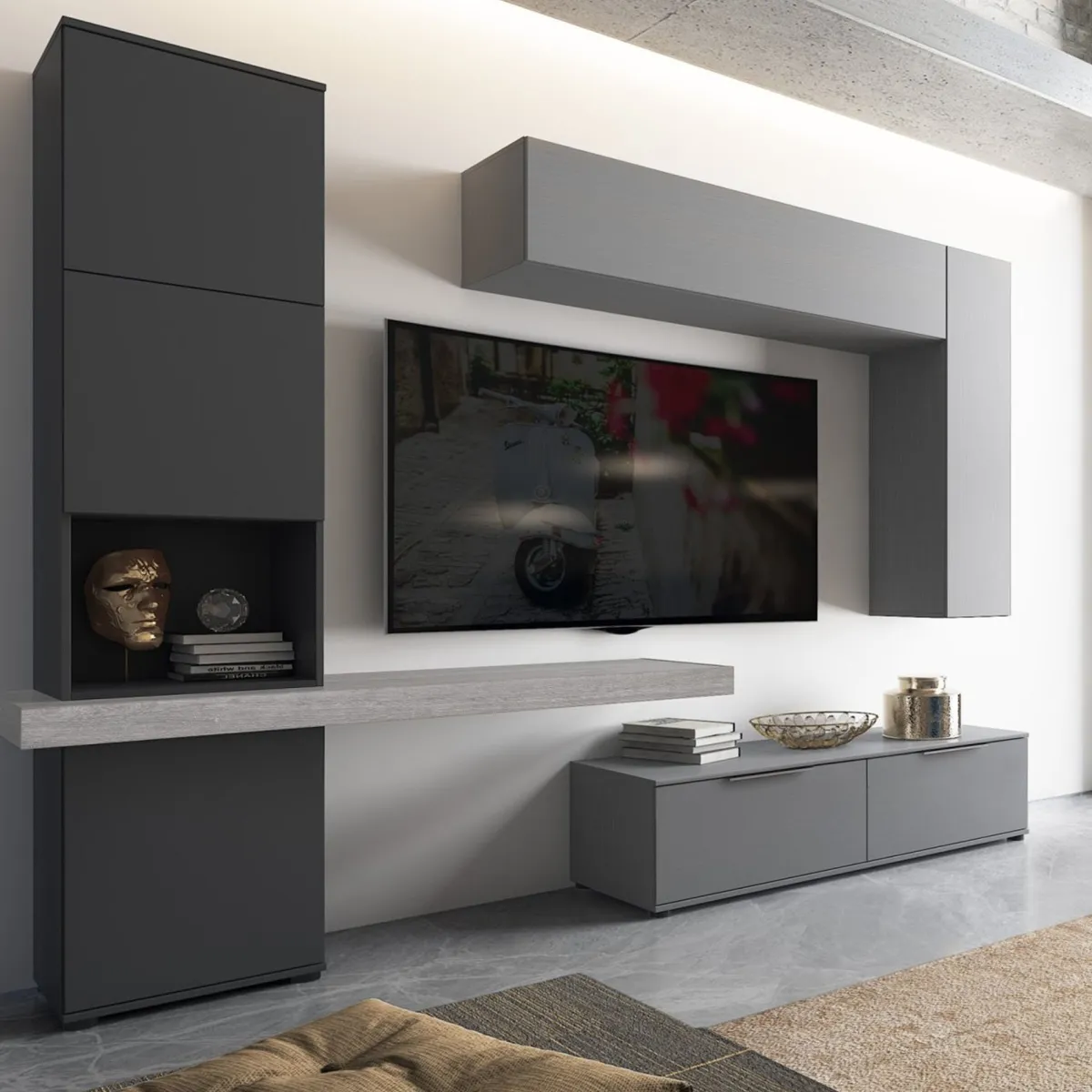 Pareti Attrezzate > Dmora Parete Attrezzata Grigio Nero Antracite Modulabile 2 Cassetti, 9 Ripiani - Riccia Nero, Grigio Antracite