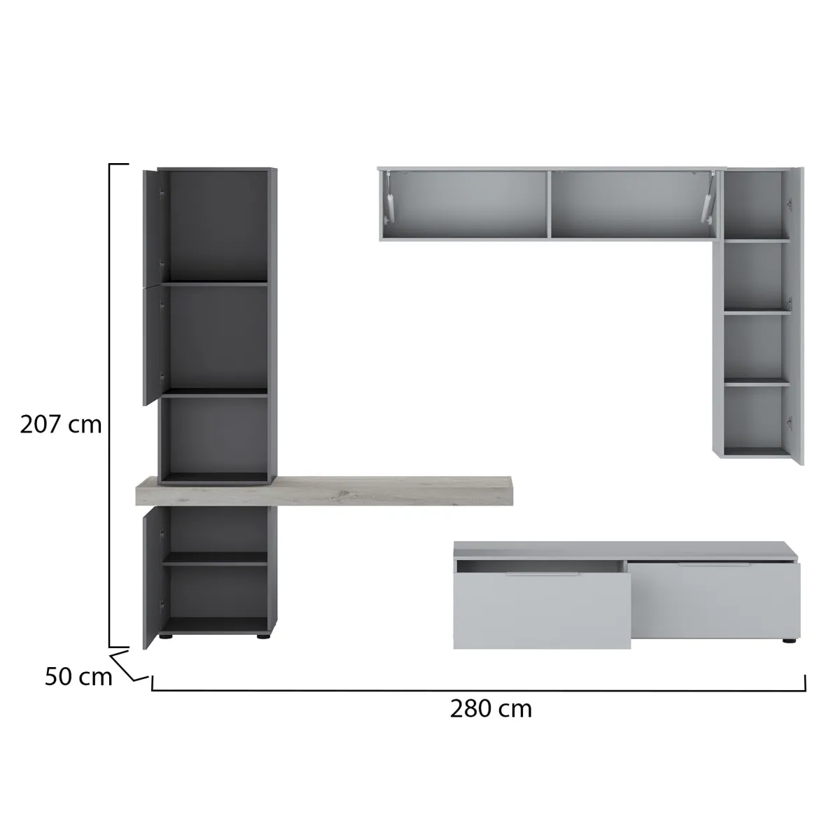 Pareti Attrezzate > Dmora Parete Attrezzata Grigio Nero Antracite Modulabile 2 Cassetti, 9 Ripiani - Riccia Nero, Grigio Antracite