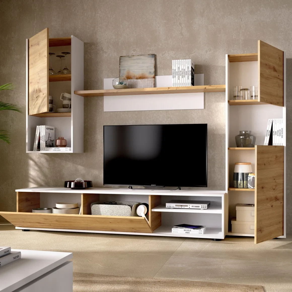 Parete attrezzata in legno 220cm rovere e bianca - Artex