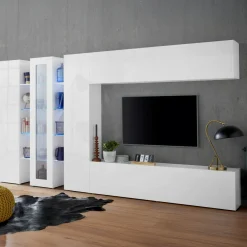Parete attrezzata in legno e vetro 340cm bianca lucida - Arkan