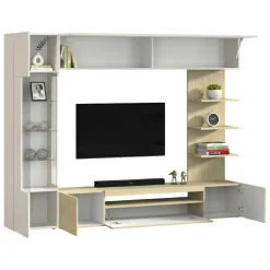 Parete Attrezzata Marrone Acero Beige Cashmere 8 Ripiani 5 Ante 245x40x191.2h cm, Apertura Battente - Galatina